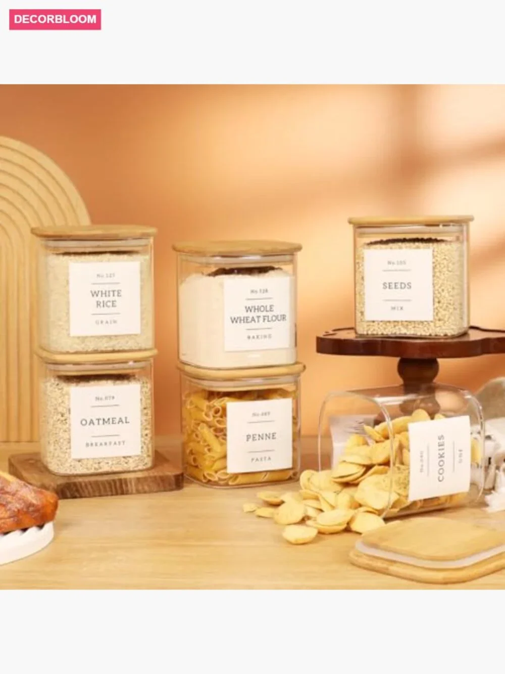6-Pack Square Glass Pantry Storage Jars with Bamboo Lids & Labels
